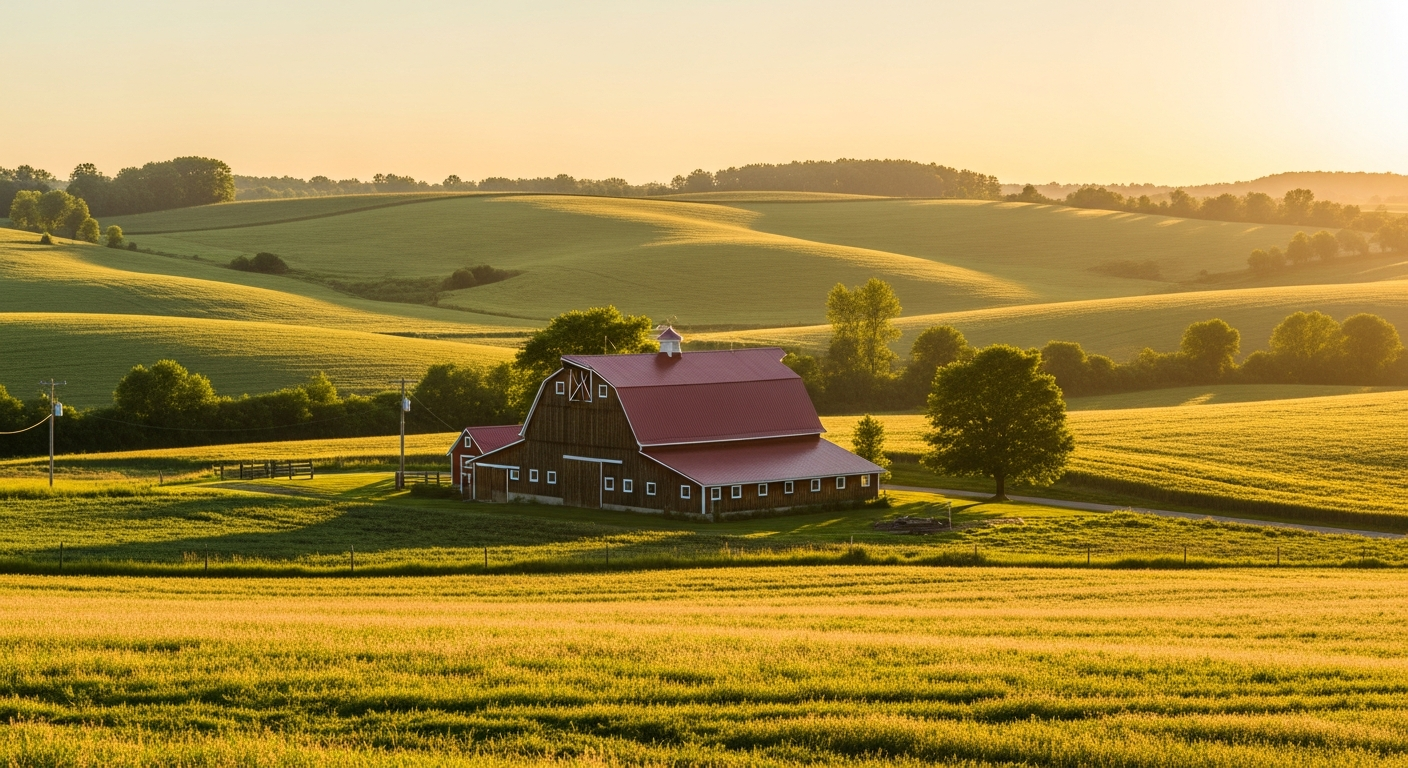 Rural Pennsylvania farm at golden hour — Reisinger Insurance, Inc. serves farm families across Perry County